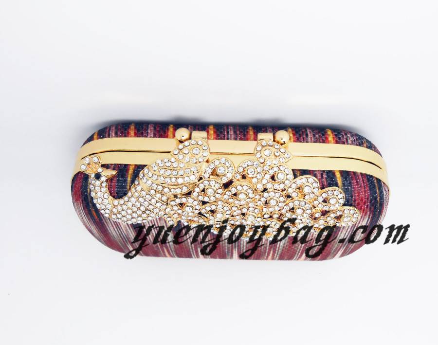 Women Diamond Peacock Clasp Metal Frame Cotton Evening Clutch Bag